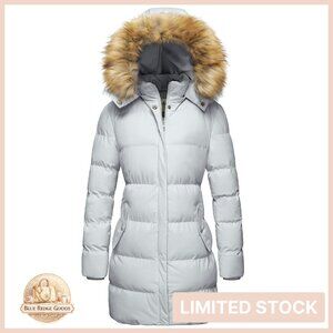 Women's Winter Puffer Coat with Removable Faux Fur Hood Slim Fit Warm